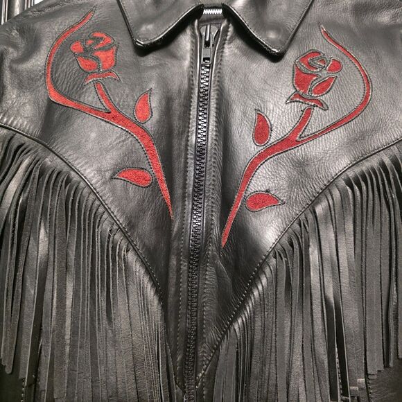 Vtg First Leather Motorcycle Biker Jacket Coat Fringe Red Rose Black Women Sz 12 - Picture 2 of 9
